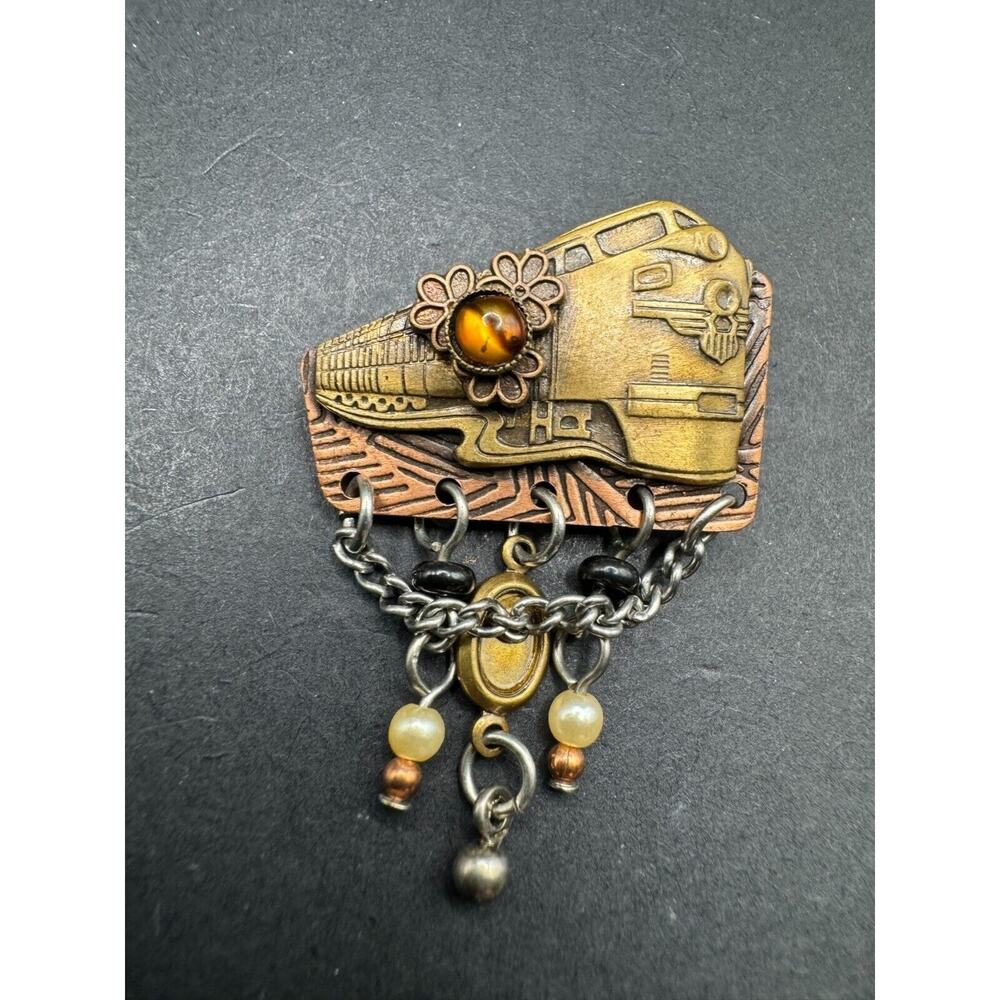 Vintage Modernist Abstract Brass Metal Tiger Eye Pearl Dangle Drop Brooch Pin